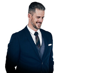 Thinking, space or proud businessman in studio with ideas, confidence and positive perspective. White background, mockup or happy financial analyst with investments or finance security in Germany