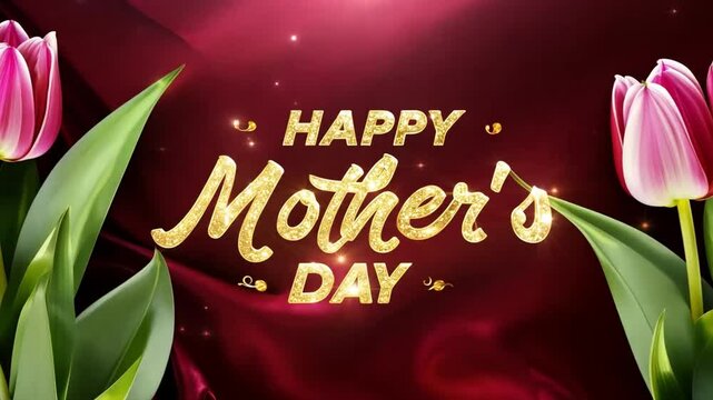 Text HAPPY MOTHER'S DAY on red background, tulips flowers