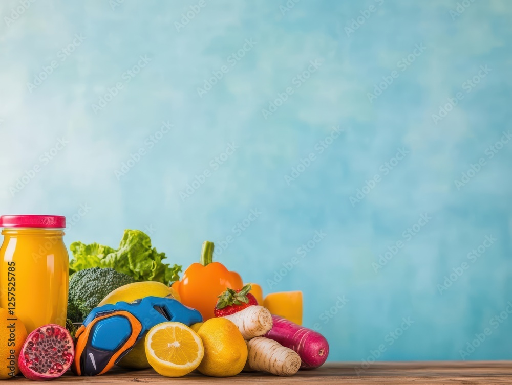 Poster table with an assortment of fresh fruits and vegetables arranged for display and consumption