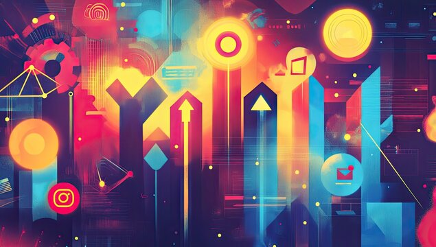 Abstract colorful graphic design with upward arrows and tech elements