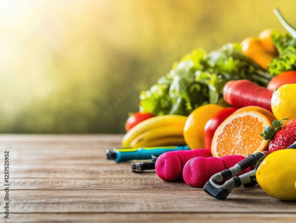 Poster assorted fresh fruits and vegetables arranged on a rustic wooden table background