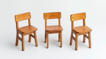 Three small wooden chairs arranged in a row on a white background.