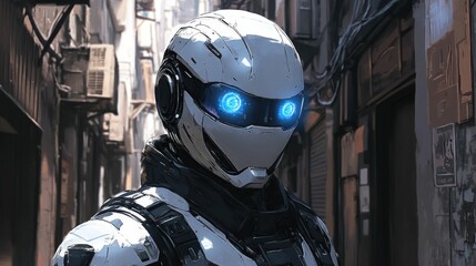 Fototapeta premium Futuristic robot stands urban alleyway glowing eyes