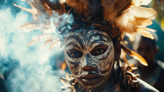 Papua New Guinea Mask Festival, close-up of a dancer with her face hidden behind an intricately carved mask, her eyes visible through small holes in the mask, Ai generated images