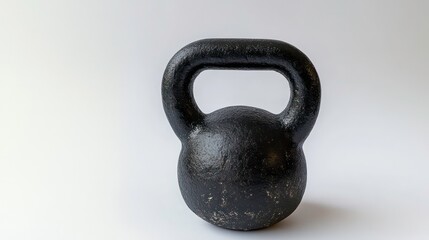 Black kettlebell weight on white background.