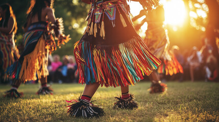 A group of young Pow Wow people dance energetically wearing traditional clothes with tassels and foot bells that tinkle with every movement, Ai generated images