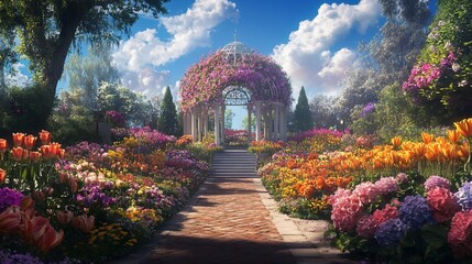 Obraz premium Spring garden gazebo path flowers idyllic scene