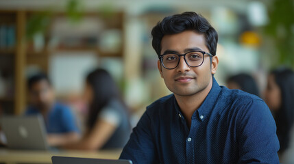 Obraz premium Focused Young Man in Blue Shirt Working on Laptop – Modern Office Environment with Professionals – Serious & Productive Business Atmosphere in a Collaborative Workspace with Large Windows
