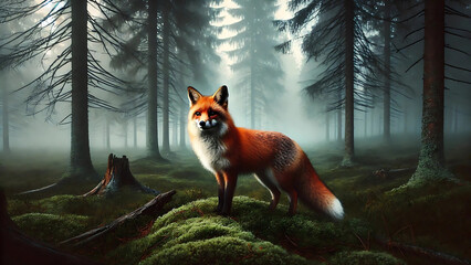 A red fox standing alert in a foggy forest