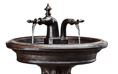 A vintage cast-iron drinking fountain with a spout, isolated on a empty plain background