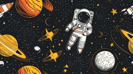 Fototapeta premium Astronaut floats in space amidst planets, stars, and rockets. Seamless pattern for textile, web design, or kids' room decor