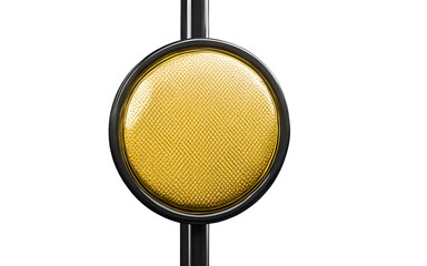 A yellow pedestrian crossing button mounted on a pole, isolated on a empty plain background