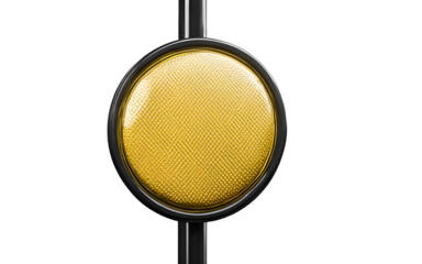 A yellow pedestrian crossing button mounted on a pole, isolated on a empty plain background