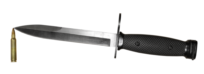 vintage m7 bayonet and 223 caliber rifle ammo isolated on transparent background