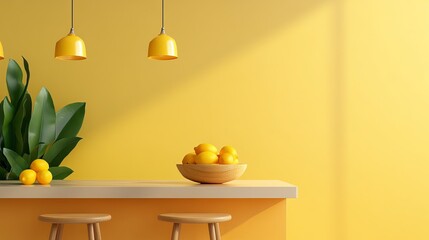 Bright kitchen with yellow accents, including bowl of lemons and stylish lighting.