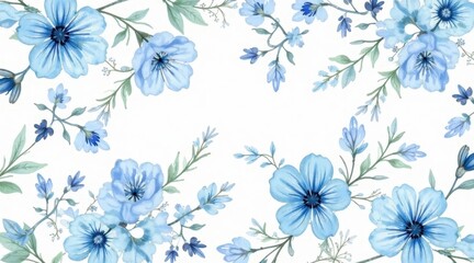 Obraz premium Serene Watercolor Floral Design Featuring Delicate Blue Blossoms and Greenery, Perfect for Elegant Invitations or Decorative Projects