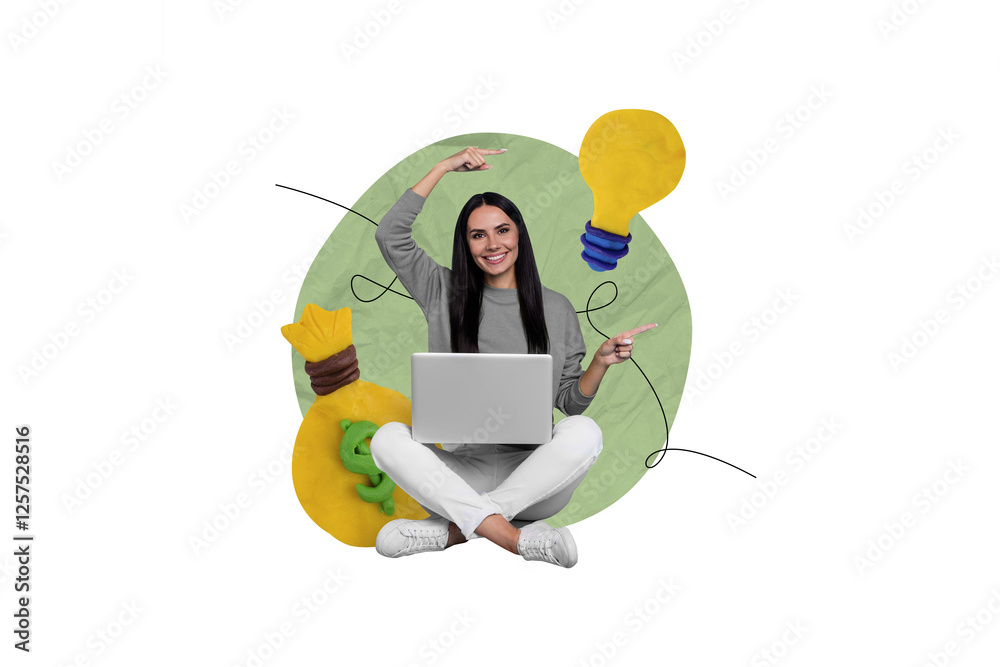 Aufkleber Collage 3d pinup pop retro sketch image of happy smiling lady working device pointing lightbulb isolated painting background