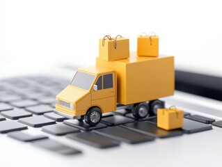 Online Delivery Truck with Shopping Bags on Keyboard