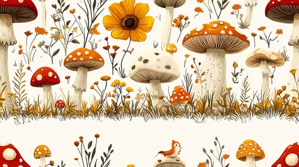 Autumnal mushroom and flower seamless pattern; idyllic meadow scene; nature background; ideal for textile design