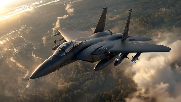 A powerful military fighter jet soars through the clouds at sunset, showcasing its sleek design and advanced weaponry