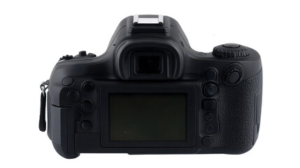 A rear view of a black DSLR camera showcasing its design features, including the LCD screen and buttons.