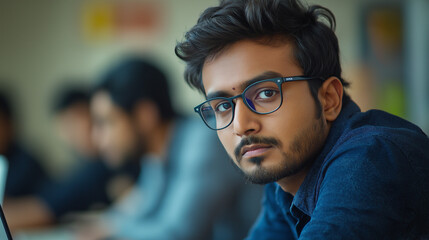Obraz premium Focused Young Man in Blue Shirt Working on Laptop – Modern Office Environment with Professionals – Serious & Productive Business Atmosphere in a Collaborative Workspace with Large Windows