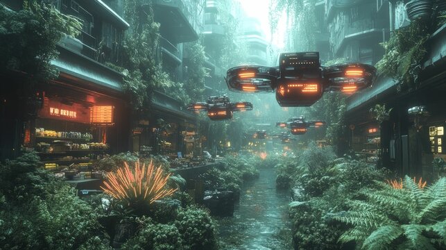 Futuristic city canal overgrown with lush vegetation, drones flying overhead.