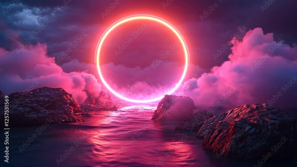 Wall mural neon portal in the clouds: a surreal and otherworldly scene with a glowing pink neon circle hovering