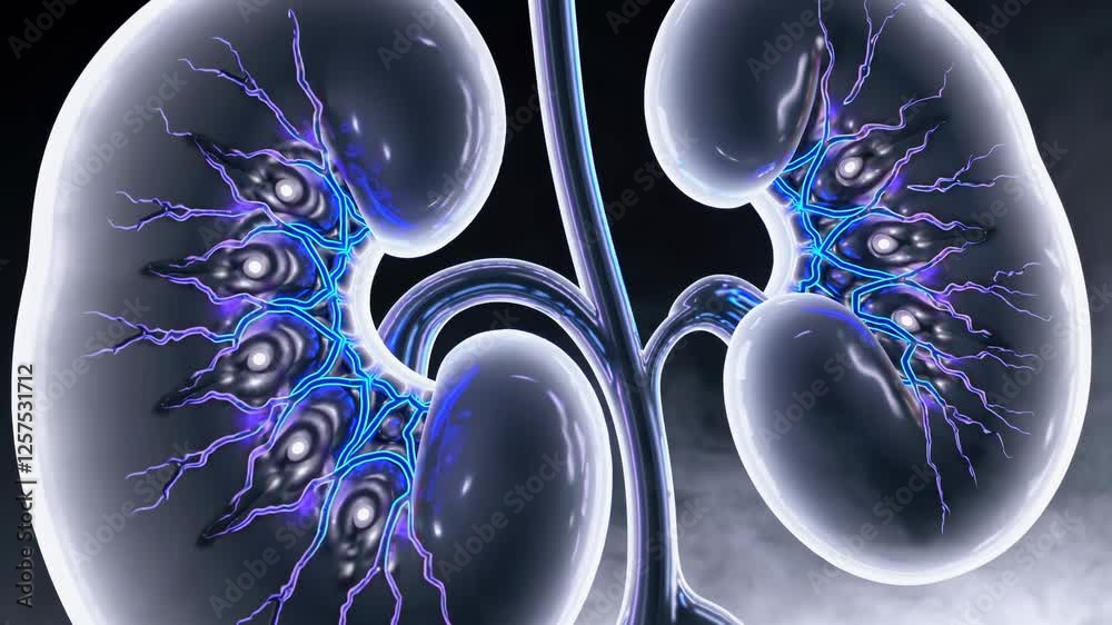 Poster futuristic kidneys pulsating with vibrant blue and red energy, surrounded by swirling mist, creating