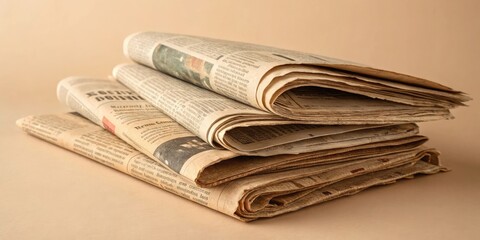 Stacked vintage newspapers on a neutral background