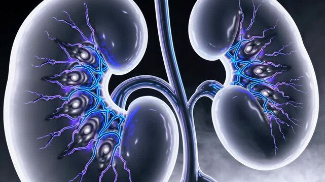 Futuristic kidneys pulsating with vibrant blue and red energy, surrounded by swirling mist, creating a medical and sci-fi aesthetic