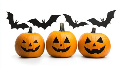 Three pumpkins with bats flying around them on a white background