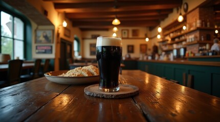 Enjoying beer stout in a cozy Irish pub setting with traditional decor