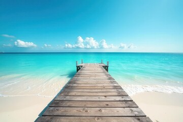 Obraz premium Tranquil Wooden Pier Extending into Serene Turquoise Ocean Waters on a Sunny Day
