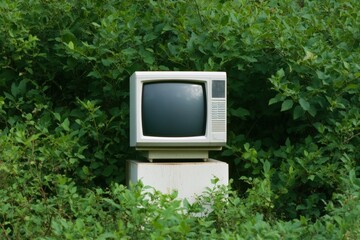 old television in overgrown greenery