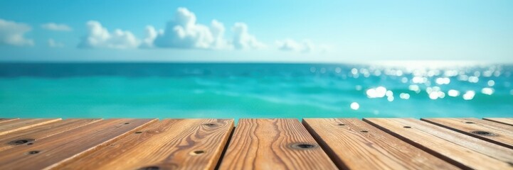 Warm wood surface; sparkling turquoise sea & sky backdrop , coast, waves