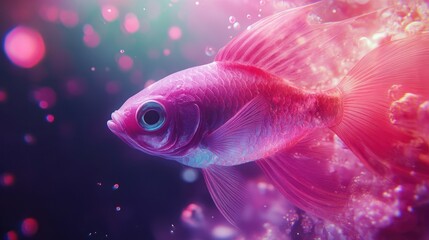 Fototapeta premium Ethereal aquatic beauty, A pink goldfish swims in a dreamy bokeh sea