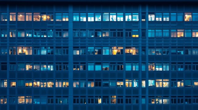 modern office facade close-up, fluorescent lighting grid pattern, blue glass exterior, geometric architectural detail, evening urban photography, illuminated windows, corporate building texture,