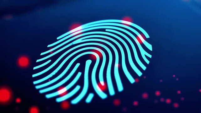 Abstract digital fingerprint design with glowing lines and particles on a dark background, symbolizing security