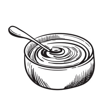 recommend clip art: Sauce bowl with spoon outline icon vector illustration. Line hand drawing BBQ, tomato ketchup, mustard or yoghurt cream, mayonnaise for dipping food, side view of condiment and seasoning in ceramic
