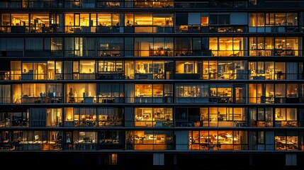illuminated office grid, modern architectural photography, repeating window elements, corporate building detail, evening urban aesthetic, glass facade texture, structural rhythm, geometric patterns,