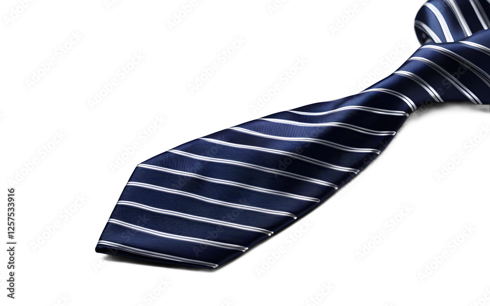 Poster a classic tie with diagonal stripes in dark blue and silver, isolated on a empty plain background