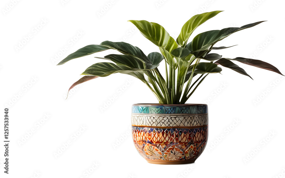 Poster A colorful desk plant in a ceramic pot with geometric patterns, isolated on a empty plain background