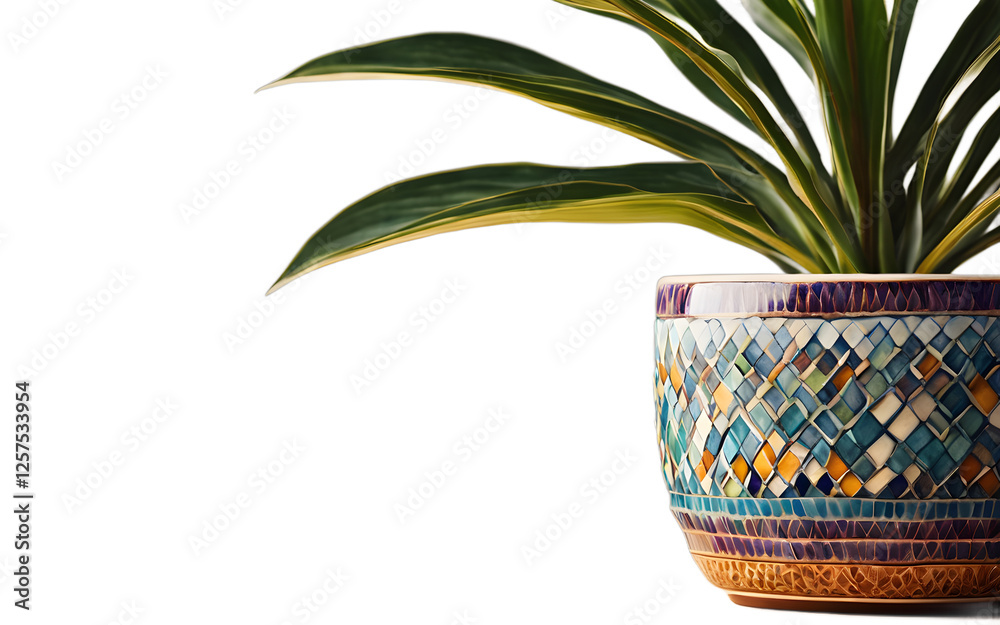 Poster A colorful desk plant in a ceramic pot with geometric patterns, isolated on a empty plain background