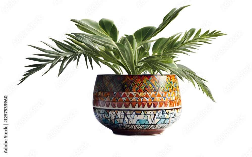 Poster A colorful desk plant in a ceramic pot with geometric patterns, isolated on a empty plain background