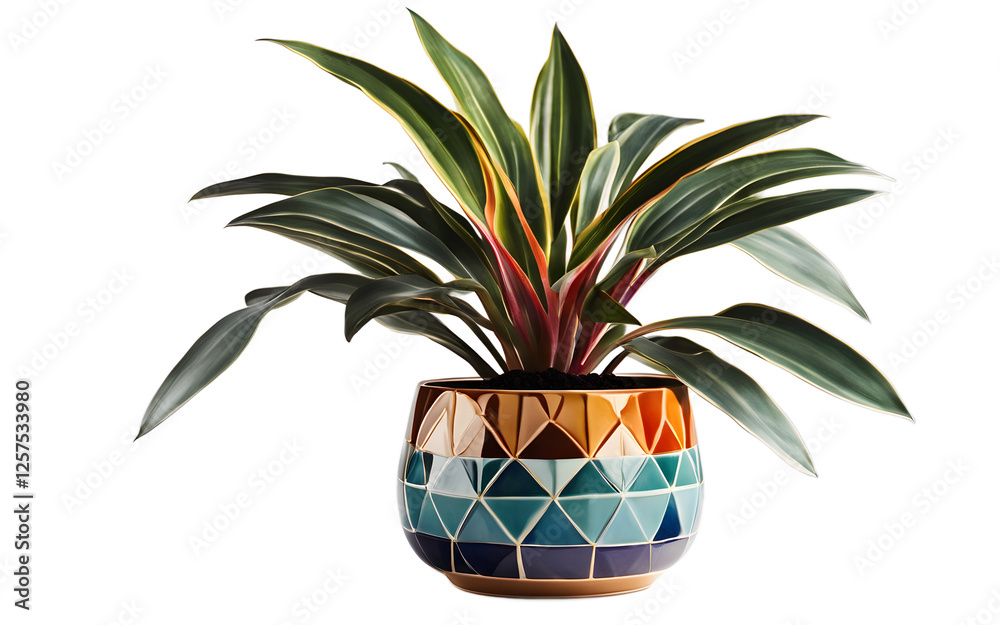 Aufkleber A colorful desk plant in a ceramic pot with geometric patterns, isolated on a empty plain background