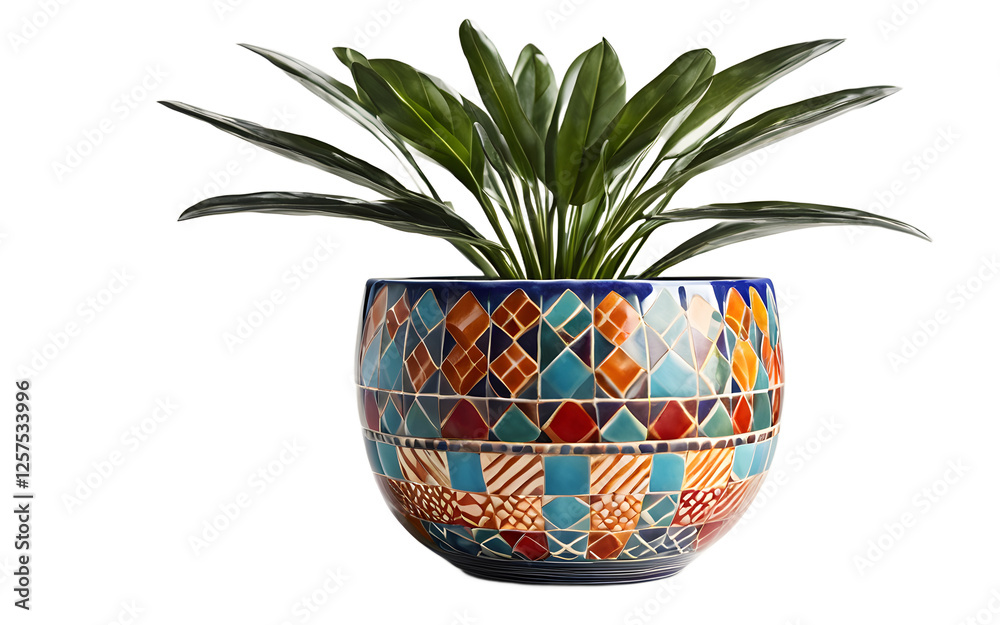 Poster A colorful desk plant in a ceramic pot with geometric patterns, isolated on a empty plain background