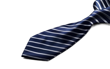 A classic tie with diagonal stripes in dark blue and silver, isolated on a empty plain background
