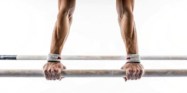 Close-up of gymnast gripping parallel bars in action
