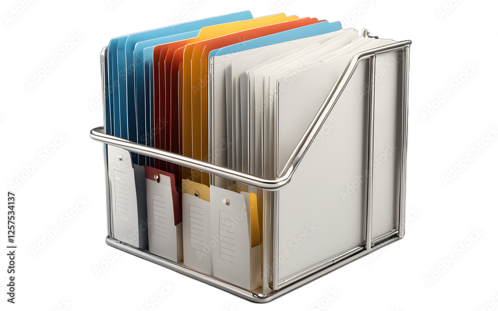 Poster A file box with hanging folders neatly arranged inside, isolated on a empty plain background